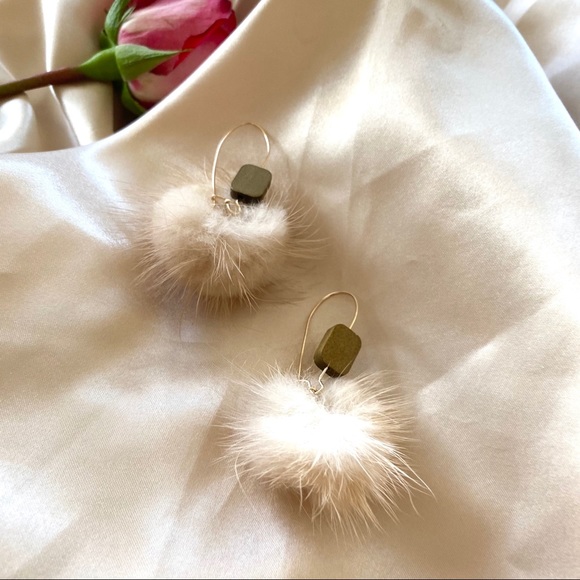 Furry Fur Ball Wood Hook Earrings - Picture 6 of 13